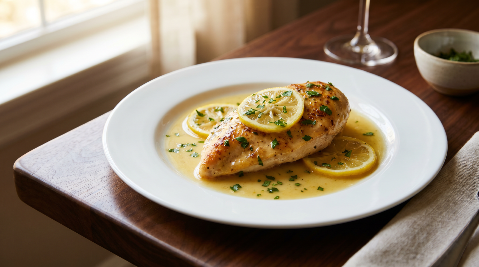 Lemon chicken breast in lemon-butter sauce with lemon slices and herbs