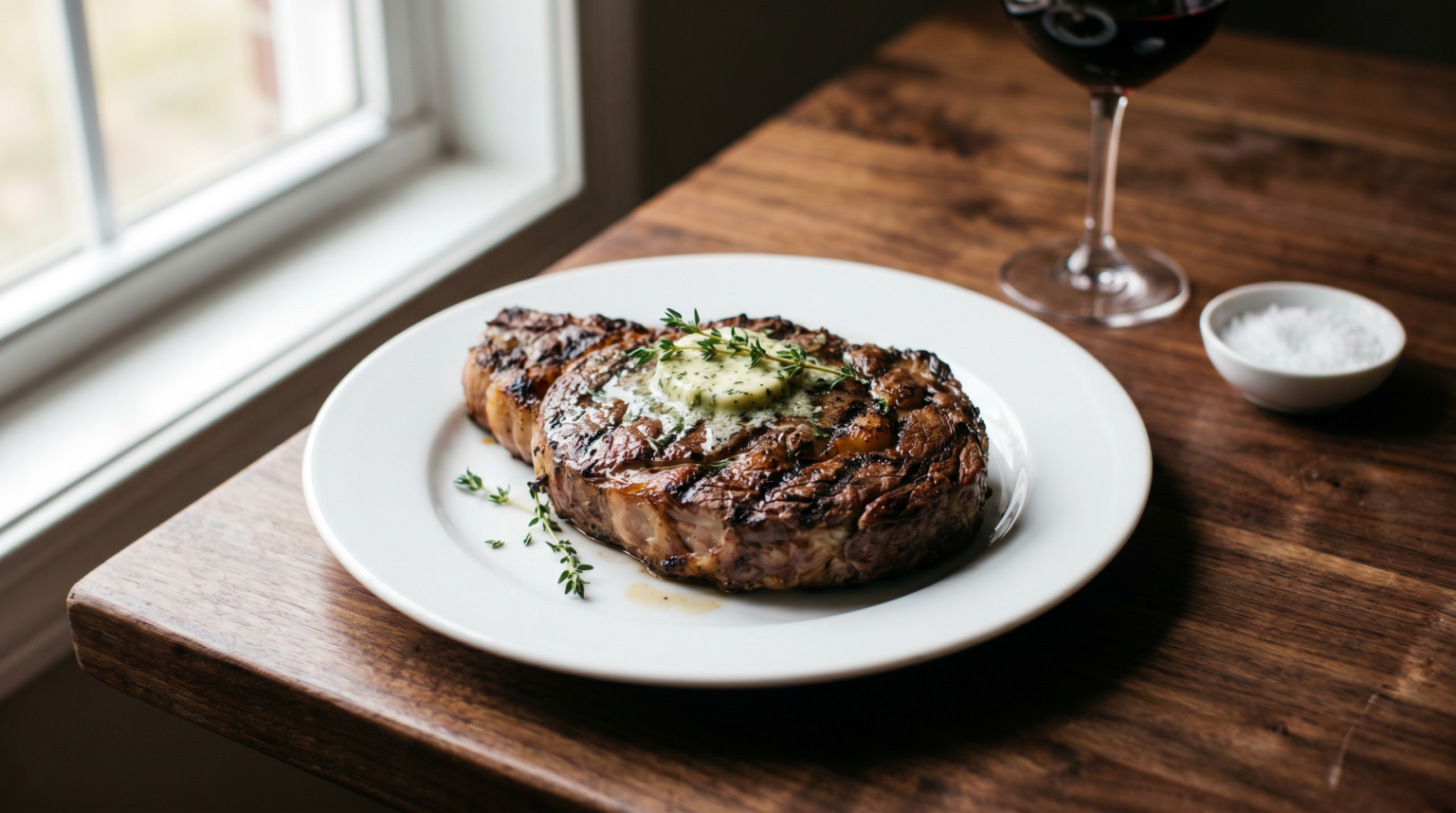Grilled ribeye steak topped with herb butter
