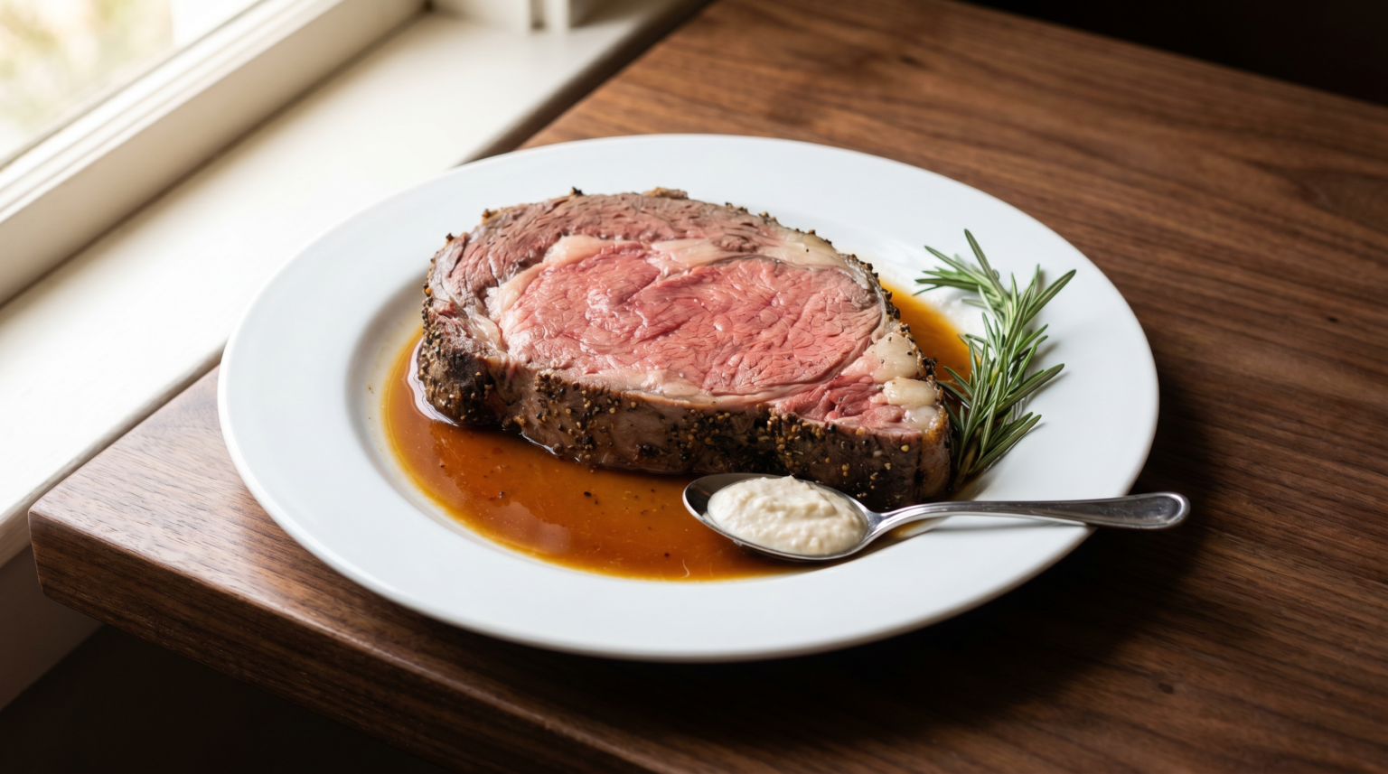 Sliced boneless prime rib roast with au jus and horseradish cream