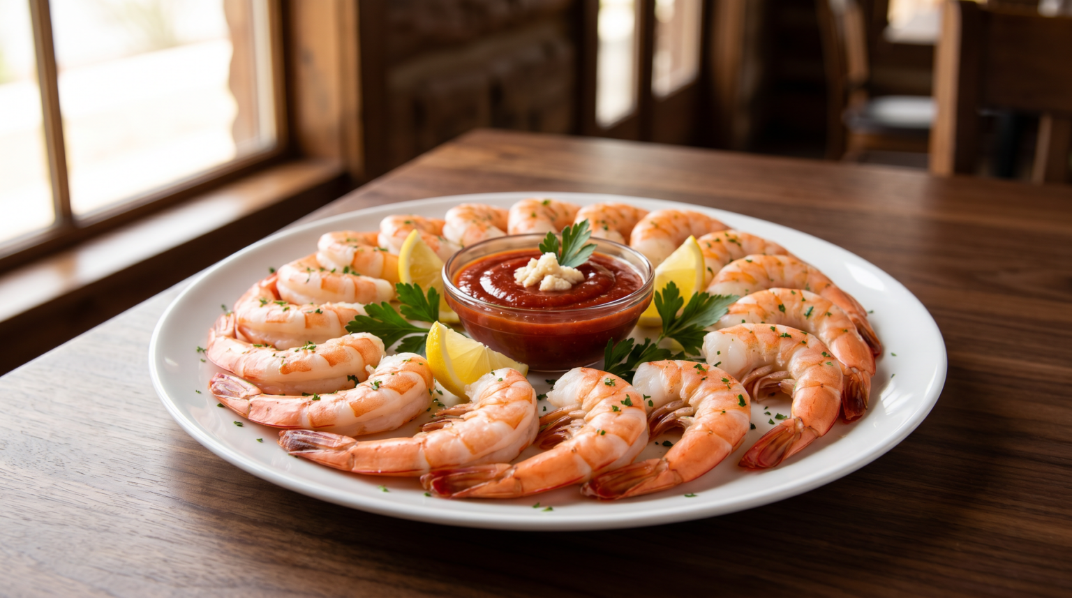 Cooked shrimp platter with cocktail sauce and lemon