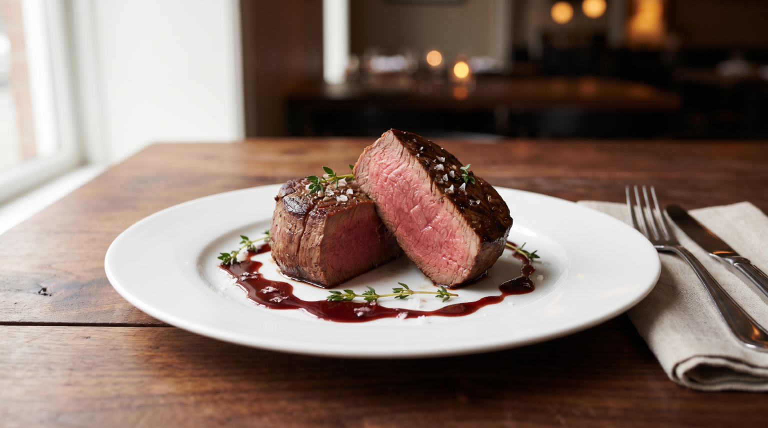 Filet mignon cut to show a medium-rare center with red wine sauce