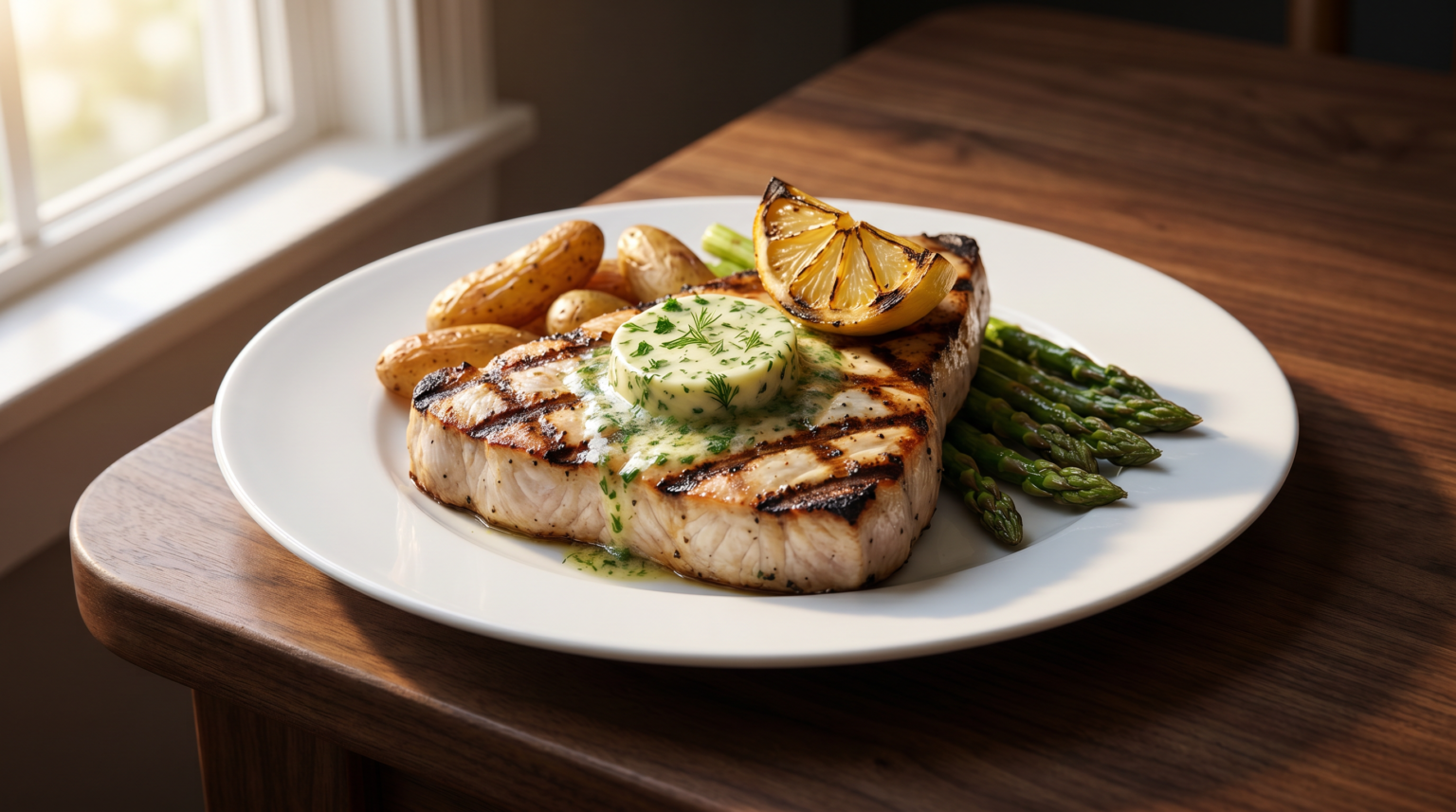 Grilled swordfish steak with herb butter, grilled lemon and asparagus