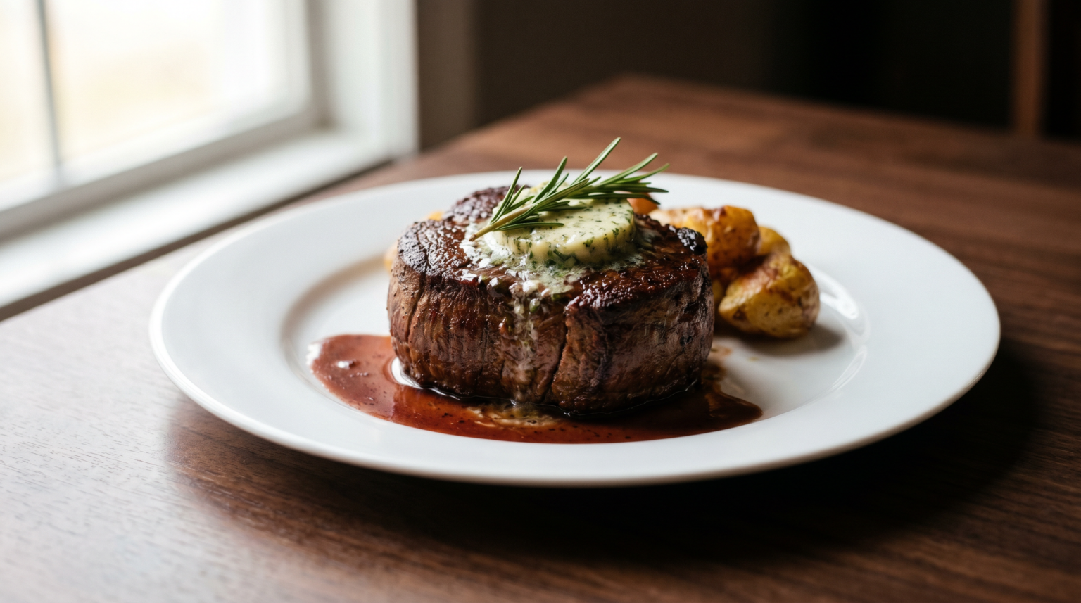 Filet mignon with herb butter and red wine sauce