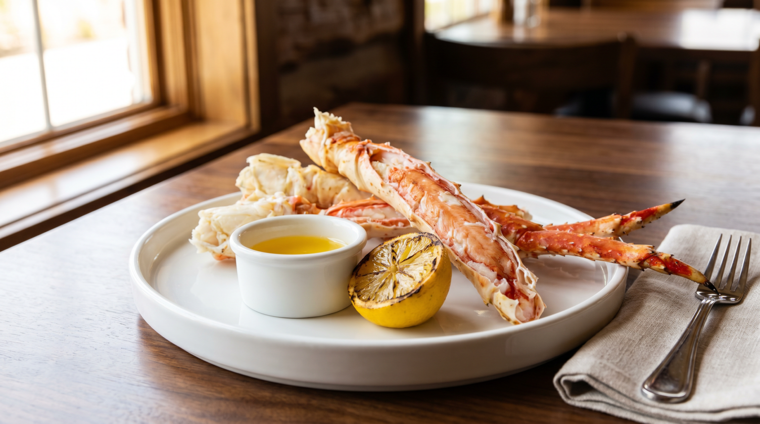 King crab legs with drawn butter and grilled lemon
