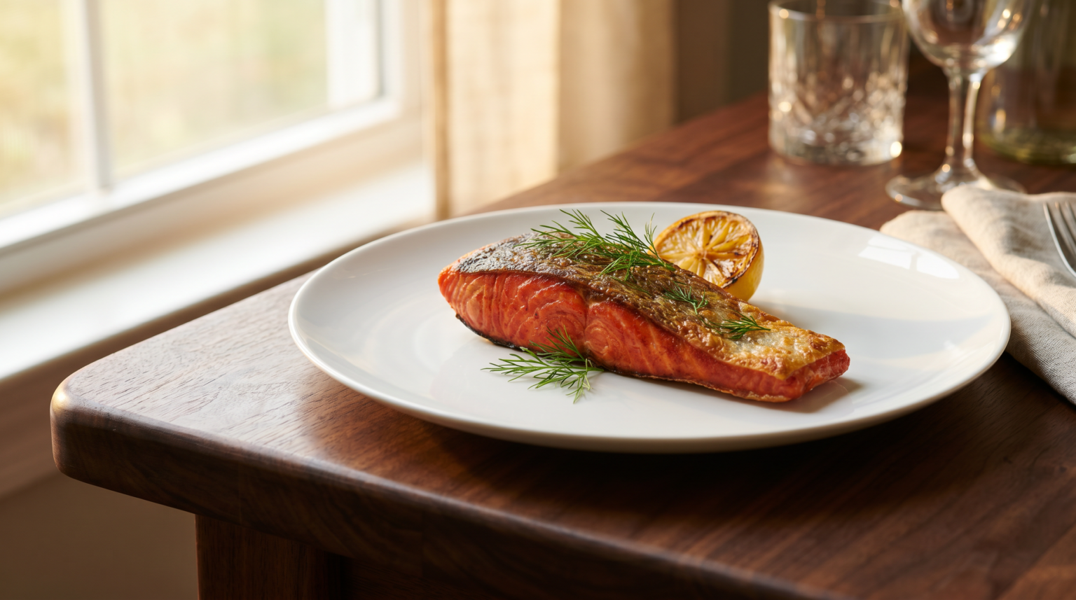 Seared wild-caught salmon fillet with fresh dill and grilled lemon