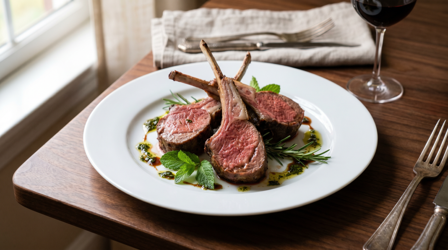 Personal Gourmet lollipop lamb chops plated with mint and rosemary