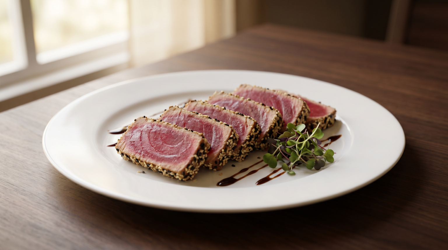 Seared ahi tuna sliced rare with herbs