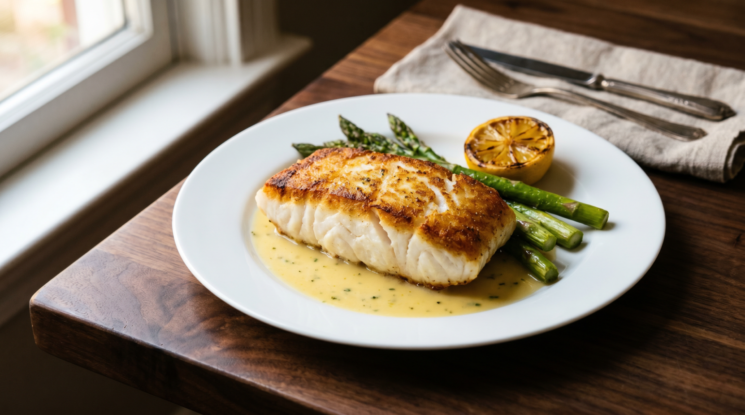 Seared halibut steak with lemon butter sauce and asparagus