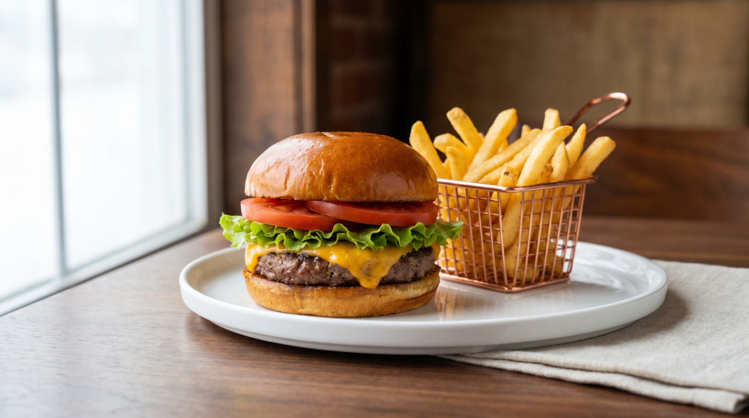 Angus burger with cheddar, lettuce and tomato on a toasted bun