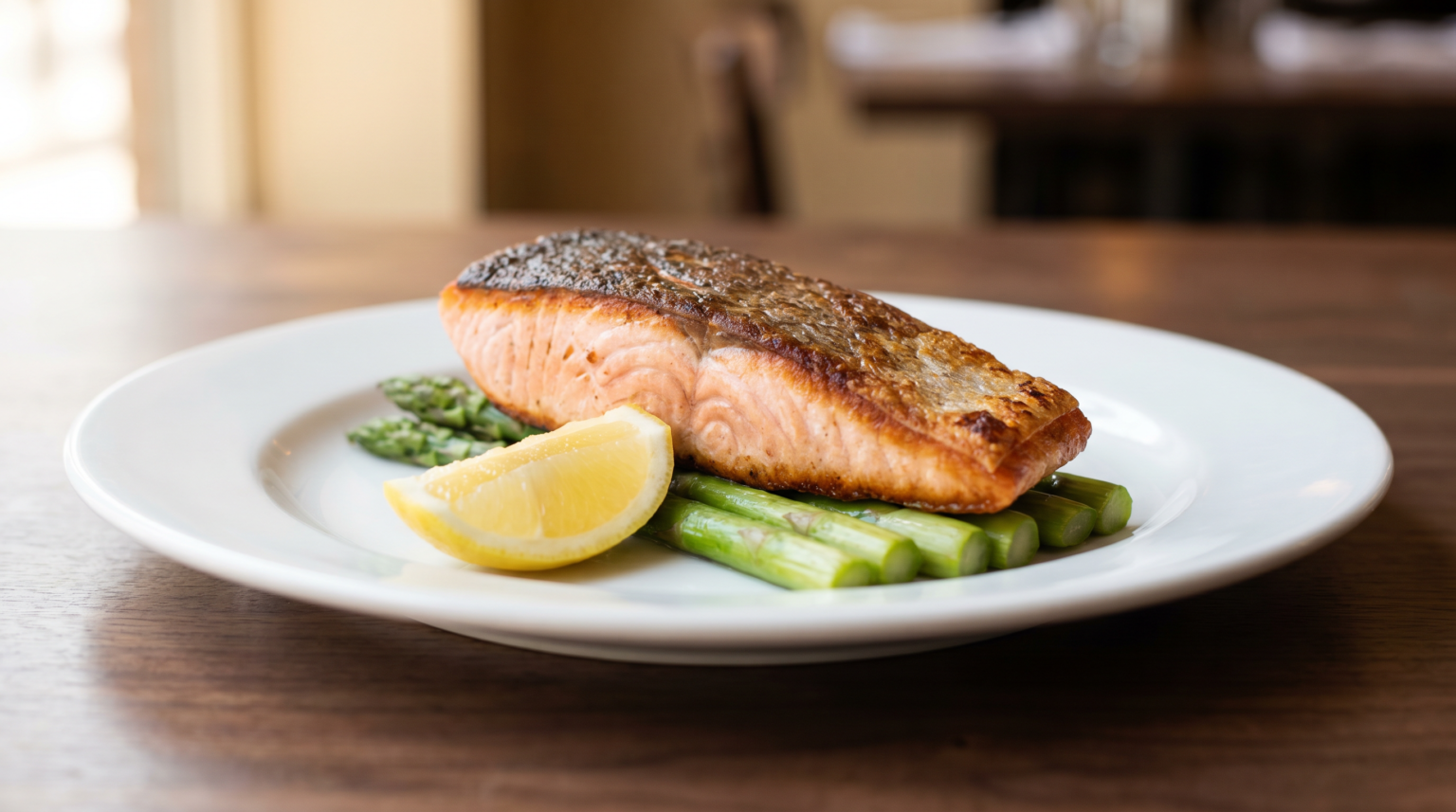 Pan-seared salmon fillet with asparagus and lemon