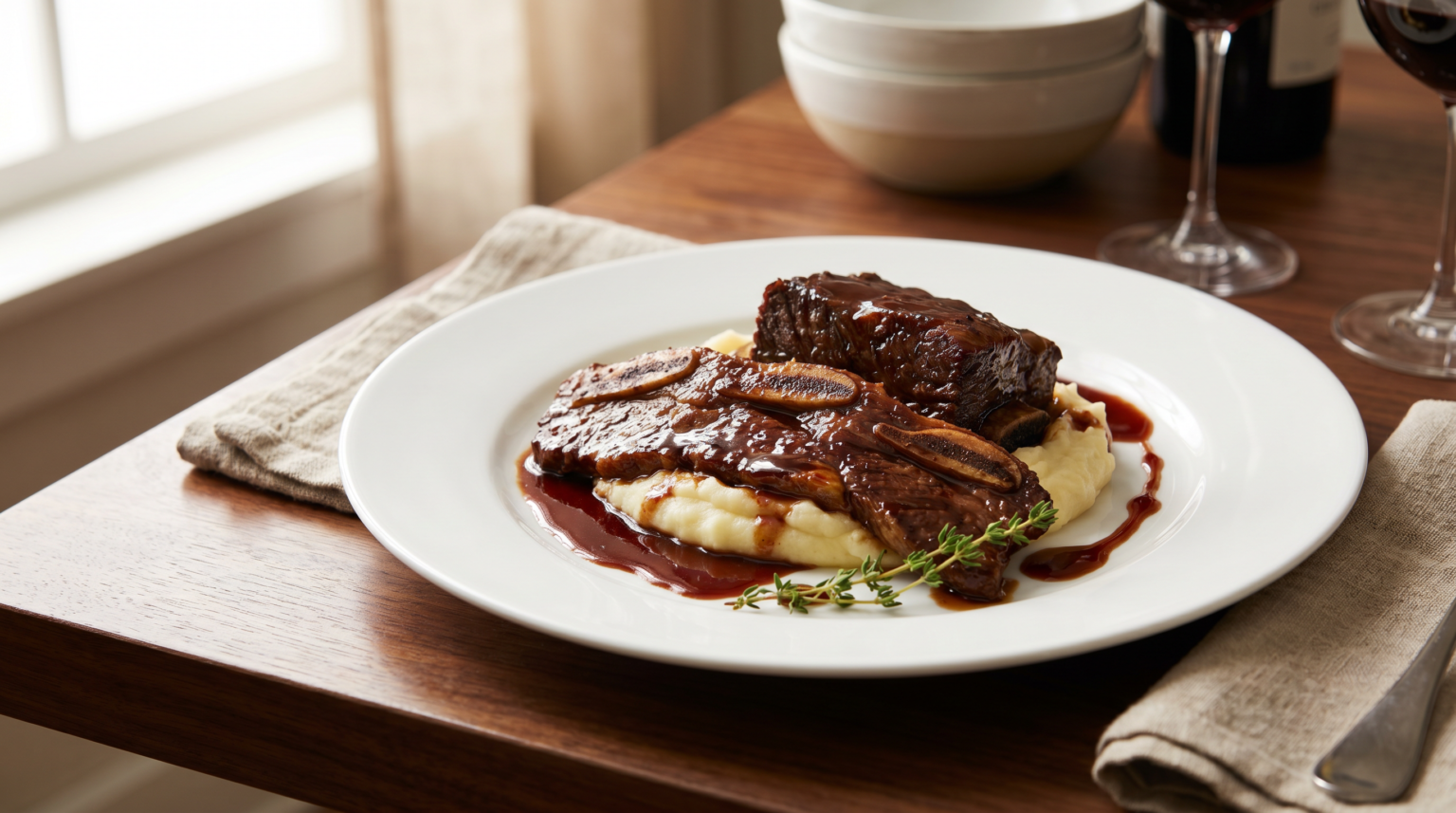 Braised beef short ribs plated with bone-in cut, pan sauce and herbs