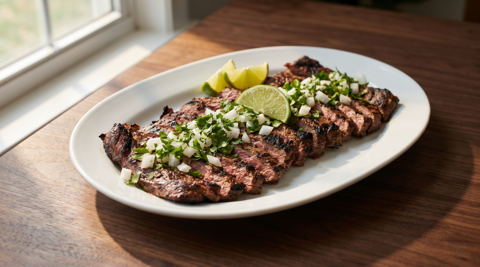 Grilled carne asada sliced on a platter with lime, onion and cilantro