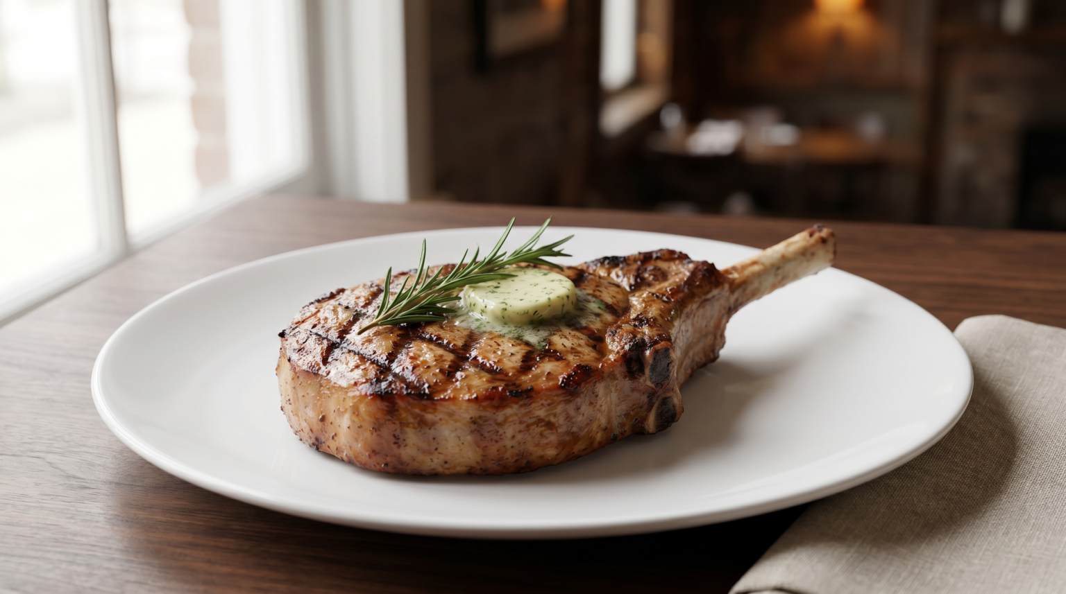 Grilled bone-in frenched pork chop with herb butter