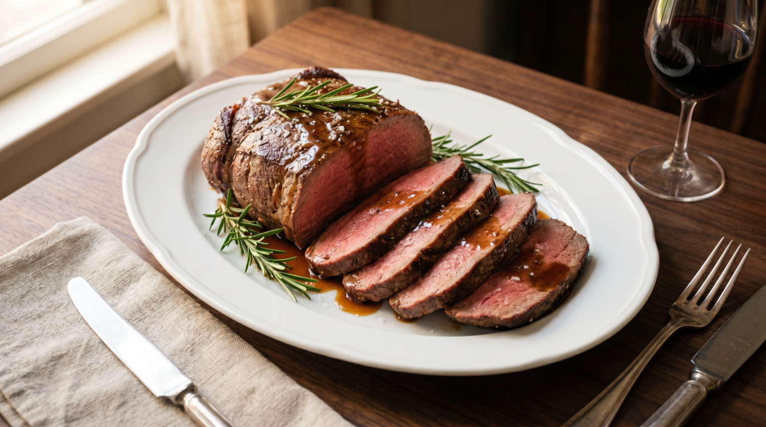 Sliced sirloin roast cooked medium-rare with fresh rosemary