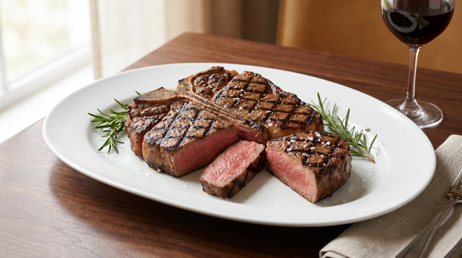 Grilled porterhouse steak sliced off the bone with rosemary