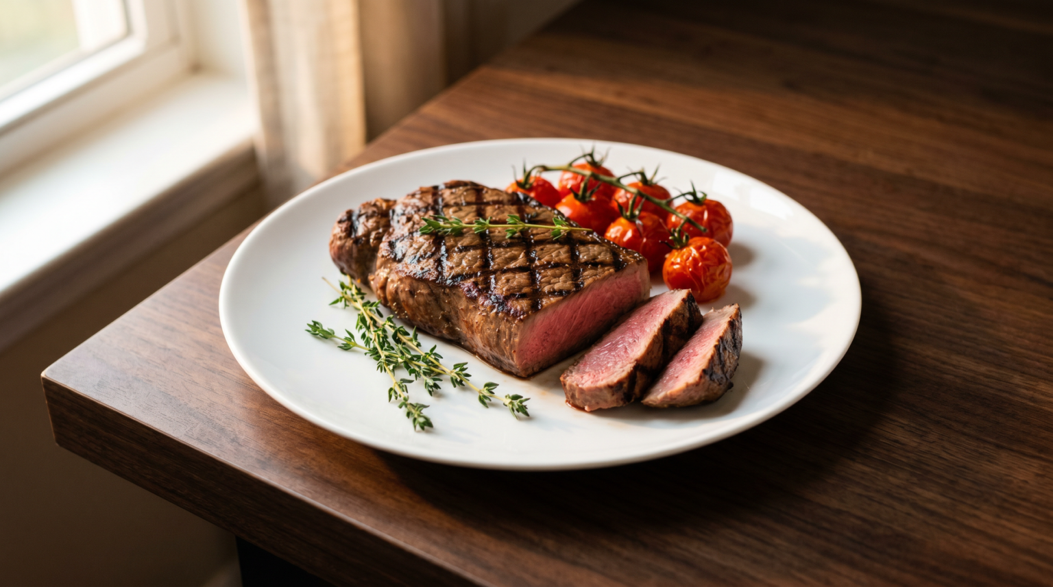 Grilled New York strip steak sliced with cherry tomatoes and thyme