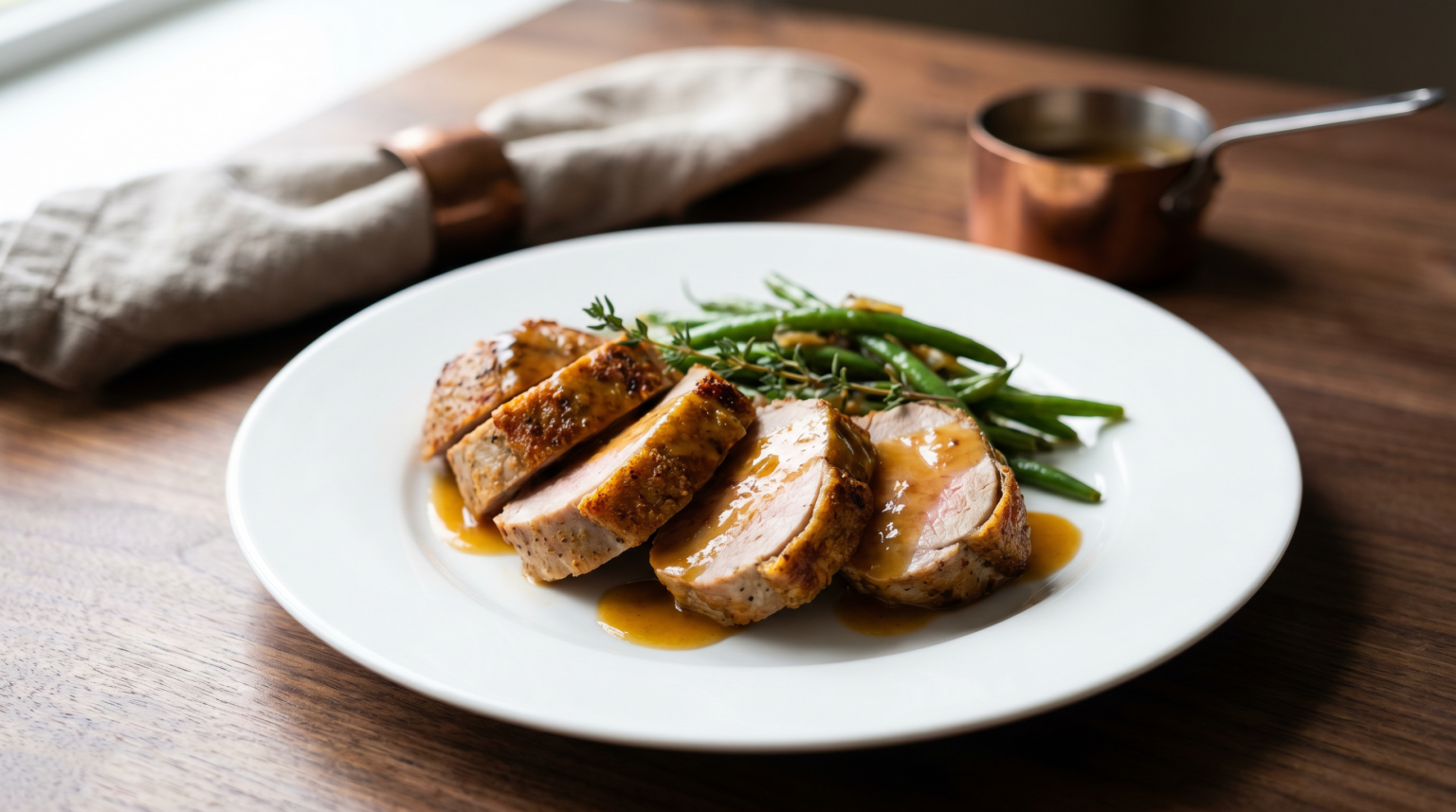 Sliced pork tenderloin medallions with green beans and pan sauce