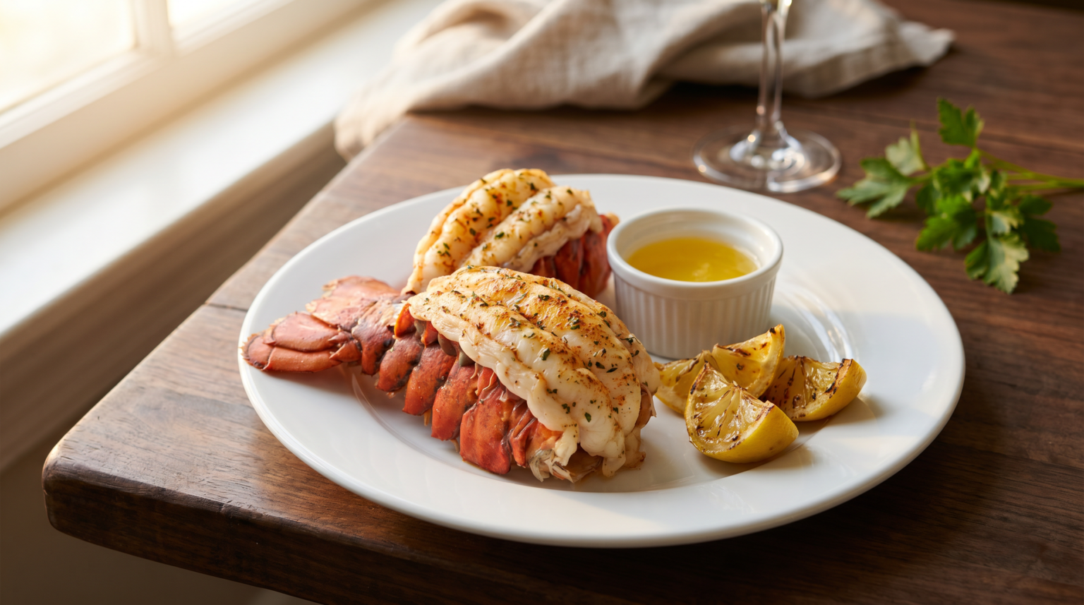 Split lobster tails broiled with drawn butter and grilled lemon