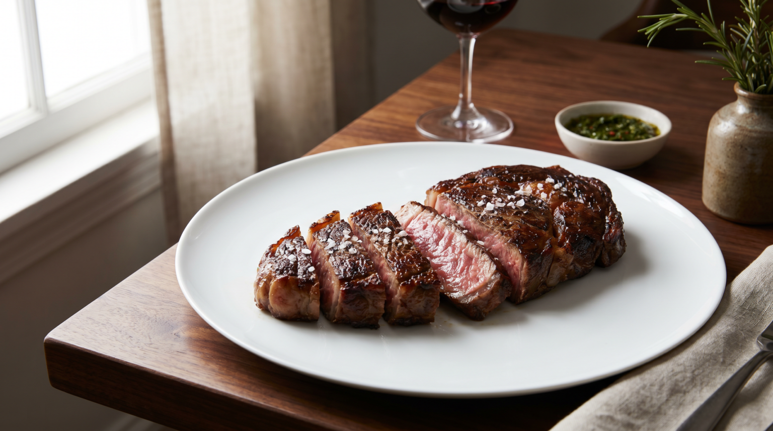 Sliced grilled ribeye steak with chimichurri