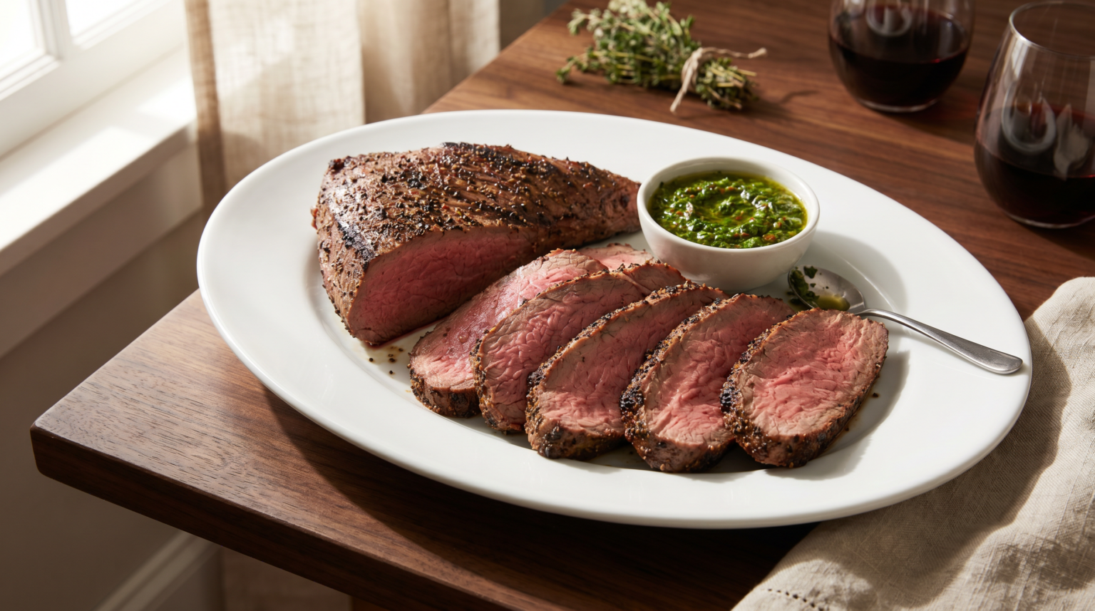 Sliced tri-tip with chimichurri