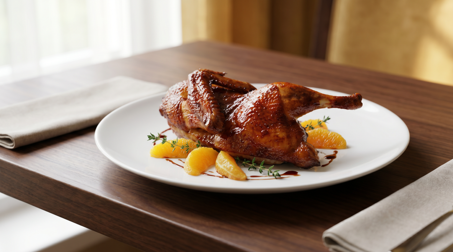 Personal Gourmet fully cooked duck half plated with orange glaze and greens