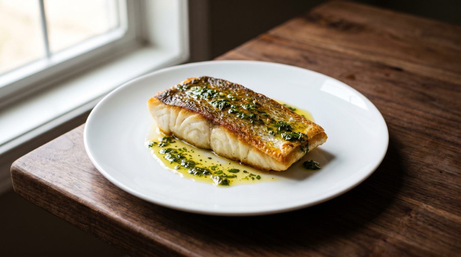 Pan-seared sea bass fillet with herb sauce