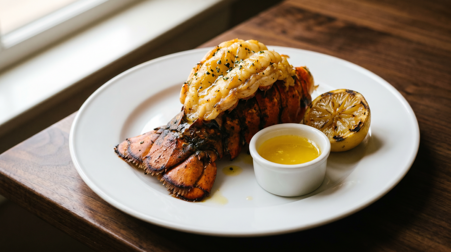 Broiled lobster tail served with drawn butter and grilled lemon