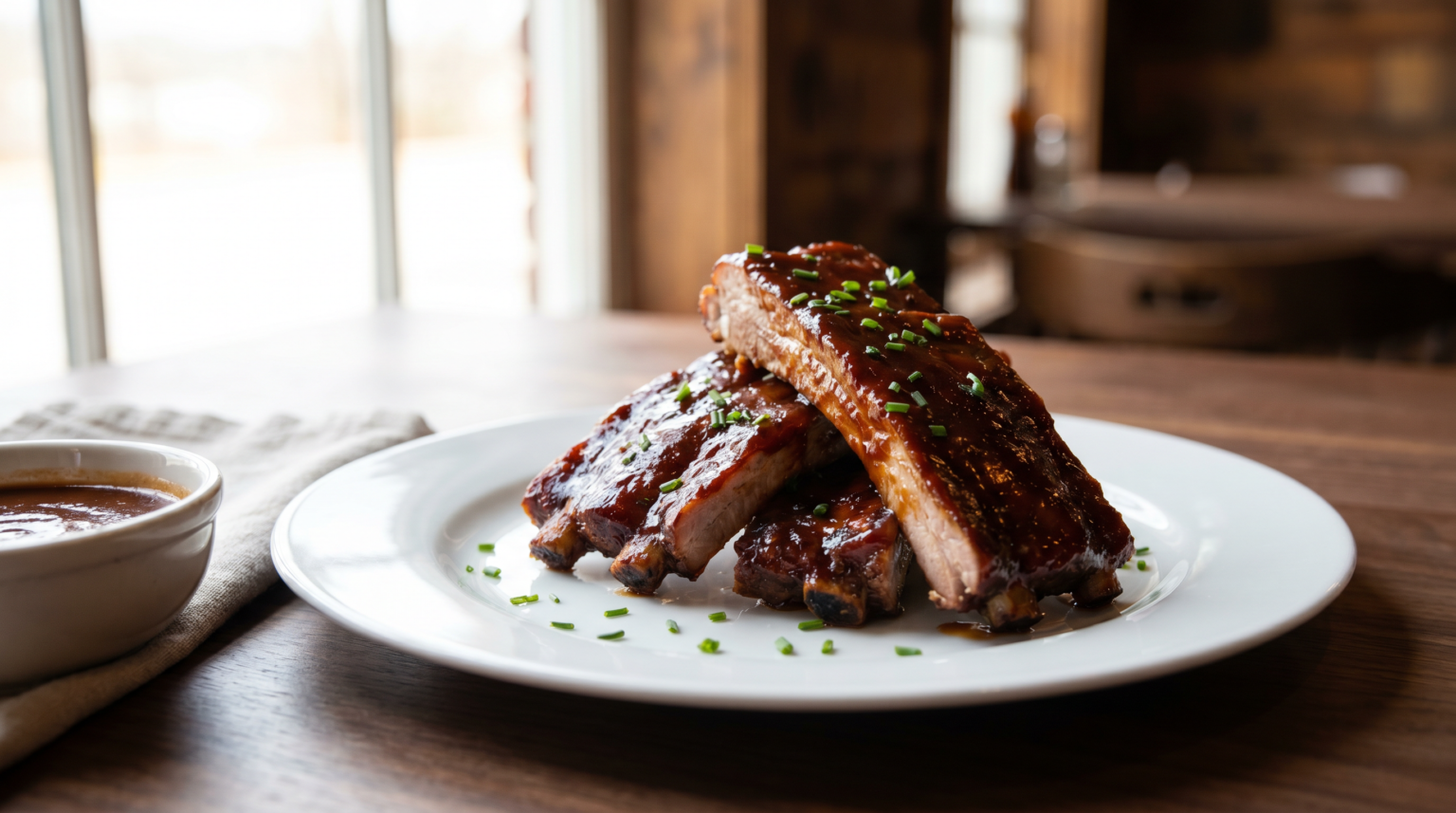 Glazed barbecue baby back ribs plated with a cup of sauce