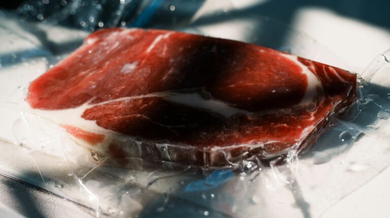 Vacuum-sealed raw marbled steak ready for freezer storage